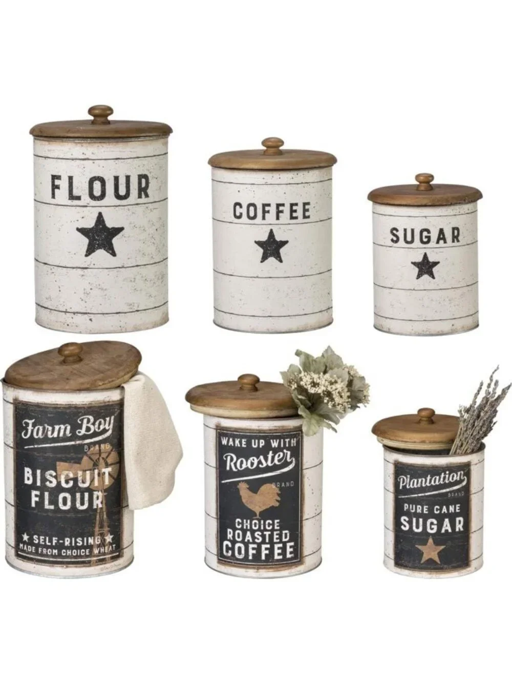 Farmhouse Style Tin Canisters Set - Sugar, Coffee, Flour Storage Containers
